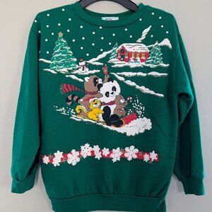 Vintage Nutcracker Childrens Christmas Sweater with Animals Green Size Large